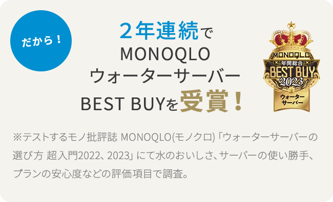 2年連続でMONOQLO ウォーターサーバーBEST BUYを受賞！